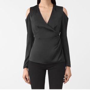 Black cold shoulder All Saints wrap blouse